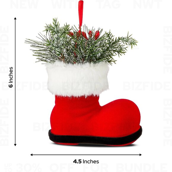 Floral Santa Boot Christmas Ornament With Realistic Greenery & Snow - Picture 4 of 5